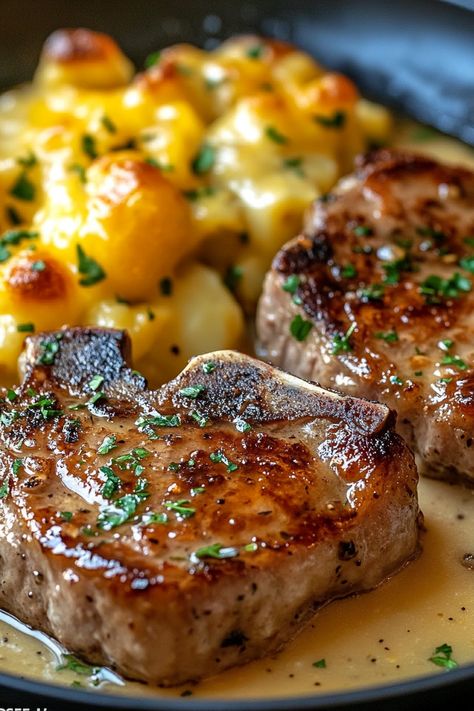 Garlic Butter Pork Chops with Cheesy Potato Bake - Taste Of Recipe Creamy Garlic Pork Chops With Cheesy Potatoes, Garlic Butter Pork Chops With Cheesy Potato Bake, What To Serve With Pork Chops, Pork Chop And Potatoes, Baked Pork Chop Recipes, Baked Pork Chops And Potatoes, Garlic Butter Pork Chops, Best Baked Pork Chops, Pork Loin Recipes Oven