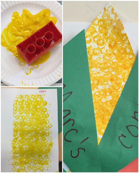 C is for corn craft. Lego, paint, & paper Harvest Art For Preschoolers, Lego Corn Painting, Harvest Theme Preschool Crafts, Corn Art And Craft For Preschool, Corn Projects For Preschool, Corn Art Activities For Preschool, Corn Activity Preschool, Lego Corn Craft, Harvest Toddler Activities