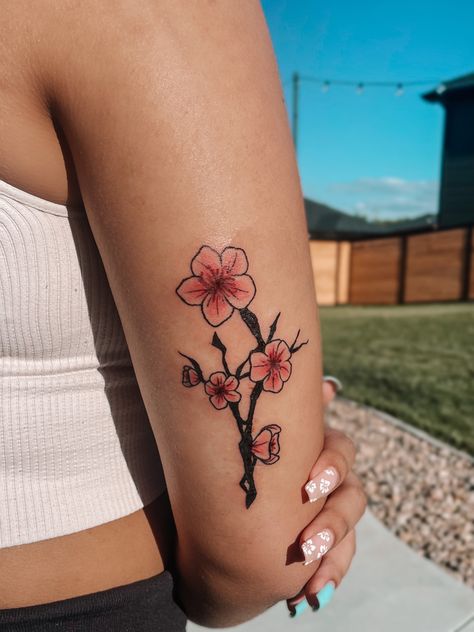 Leg Tattoos Cherry Blossom, Japanese Cherry Blossom Tattoo Arm, Japenses Cherry Blossom Tattoos, Plum Flower Tattoo, Cherry Blossom Leg Tattoo, Traditional Cherry Blossom Tattoo, Japanese Blossom Tattoo, Peach Blossom Tattoo, Tricep Tattoos Women