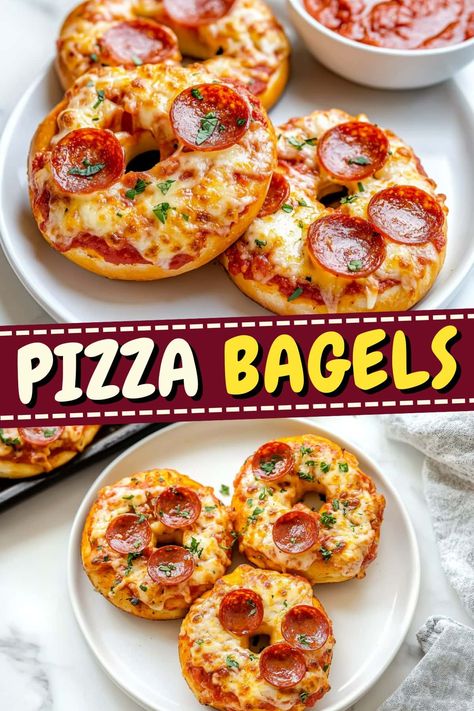 These easy pizza bagels are so much better than the frozen ones! Add your favorite toppings, bake them to perfection, and enjoy! Mini Pizza Bagels In Oven, Breakfast Pizza Bagels School, Health Kids Meals, Homemade Pizza Bagels, Pizza Made With Biscuits, Recipes Using Bagels, Pizza Snack Recipes, Recipes With Bagels, Bagel Toppings Ideas