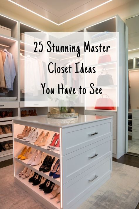 Turn your master closet into a beautiful and organized retreat with these stunning closet design ideas. Master Closet Glass Doors, Fancy Master Closet, Rooms As Closets, Shared Master Closet Design, Remodeled Closet Ideas, Master Closet With Built In Dresser, Closet Mirror Ideas Decor, How To Design A Walk In Closet, Walk In Closet Color Schemes