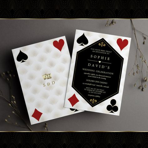 White Art Deco Gatsby Casino Vegas Poker Wedding Invitation - Bachelor Party gifts Poker Wedding, Playing Cards Suits, Playing Card Invitation, Gold Art Deco Pattern, Roaring 20s Wedding, Bachelor Party Invitations, Casino Wedding, 20s Wedding, White Art Deco