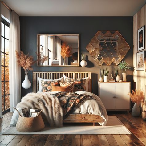 Soft, modern bedroom with dark, Bohemian feel. Rustic wood bed, floral pillows, faux fur throw. Geometric mirror, compact cupboard, white lamp, picture windows, delicate plants. Ebony and alabaster maple floor. Black And Oak Bedroom, Bohemian Chic Bedroom, Rustic Wood Bed, Dark Wooden Floor, Geometric Mirror, Maple Floors, Oak Bedroom, Black Bedroom, White Lamp