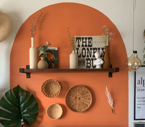 Boho Painted Arch Wall, Painted Arch Wall Coffee Bar, Color Block Arch Wall, Painted Arch Behind Couch, Painted Arch With Shelf, Painted Arch Gallery Wall, Colour Arch Wall, Painted Arch Accent Wall With Shelves, Painted Wall Shapes