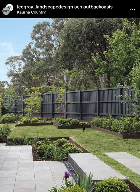 Garden Fence Colours Ideas, Black Garden Fence, Fence Colours, Bamboo Hedge, Landscape Borders, Fence Plants, Black Fence, Pool Landscape Design, Front Garden Design