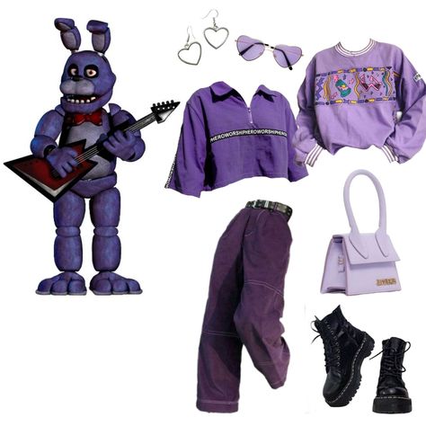 Casual Fnaf Cosplay, Bonnie Halloween Costume Fnaf, Lolbit Inspired Outfits, Five Nights At Freddy's Outfit Ideas, Monty Gator Inspired Outfits, Fnaf Bonnie Outfit, Fnaf Movie Outfit, Bonnie Inspired Outfits Fnaf, Bonnie Fnaf Outfit Ideas