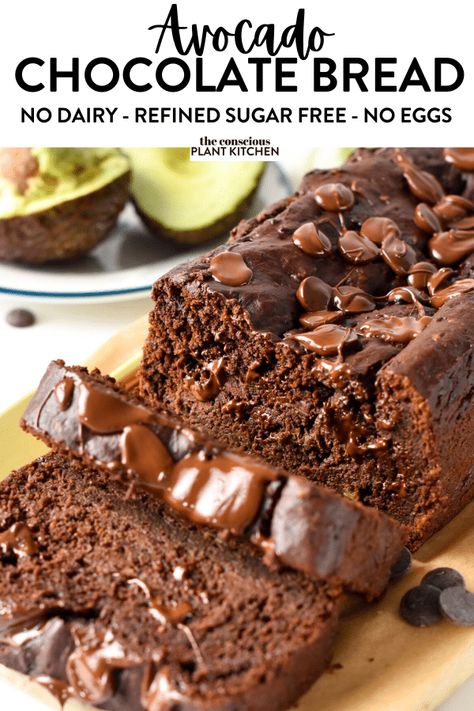 Chocolate Avocado Bread High Protein Avacodo Bread, Healthy Avocado Desserts, Chocolate Avo Banana Bread, Avocado And Eggs Recipes, Chocolate Avocado Banana Bread, Avocado Chocolate Muffins, Chocolate Avocado Bread, Avocado Baked Goods, Unprocessed Dessert Recipes