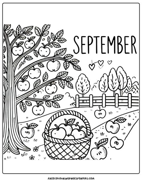 a whimsical apple tree loaded with ripe, juicy apples and a basket waiting to be filled Coloring Pages For Elementary Students, September Colouring Pages, First Grade Coloring Sheets, Disney Fall Coloring Pages, Pre K Coloring Pages, September Coloring Sheets, September Coloring Pages Free Printable, Fall Coloring Sheets Free Printable, Free Printable Coloring Pages For Kids