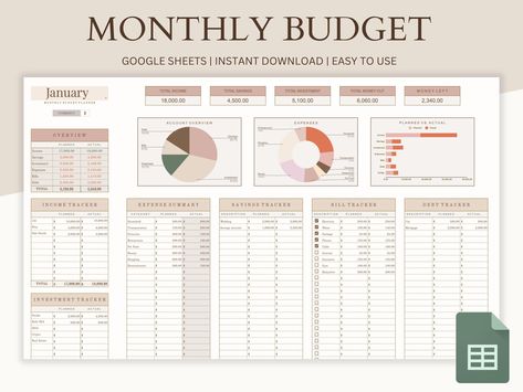 Take control of your finances with this Monthly Budget spreadsheet! This user-friendly spreadsheet will help you keep track of your income, expenses, bills, debts, investments and savings with ease. Our budget spreadsheet is created using Google Sheets, making it accessible from any device with an internet connection. The intuitive design and customizable categories allow you to track your expenses in a way that makes sense for you, and the built-in formulas will automatically calculate your bud Finances Spreadsheet, Monthly Expense Tracker, Google Spreadsheet Budget, Budget Planner Excel, Budget Template Google Sheets, Budgeting Finances Google Sheets, Monthly Budget Template Excel, Spreadsheet Design, Excel Budget Spreadsheet