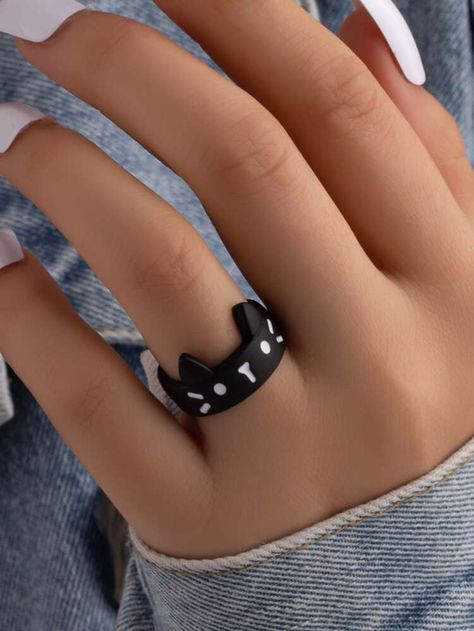 Black Rings For Women, Fete Emo, Cat Rings, Jewelry Cheap, Clay Rings, Cute Ring, Embellished Fashion, Cat Ring, Black Ring