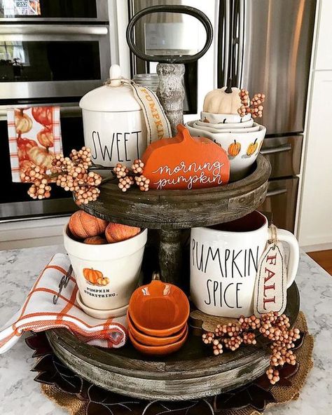 20 Interesting Pumpkin Decoration Ideas to Make Everything Look Fun this Fall Three Tiered Tray, Tiered Tray Ideas, Tier Trays, Fall Kitchen Decor, Everything Fall, Fall Thanksgiving Decor, Fall Deco, Tray Ideas, Fall Decorating Ideas