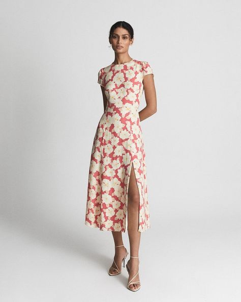 Coral Print, Guest Attire, Floral Print Midi Dress, Pink Midi Dress, Out Back, Printed Midi Dress, Flared Skirt, Summer 2022, Floral Midi Dress