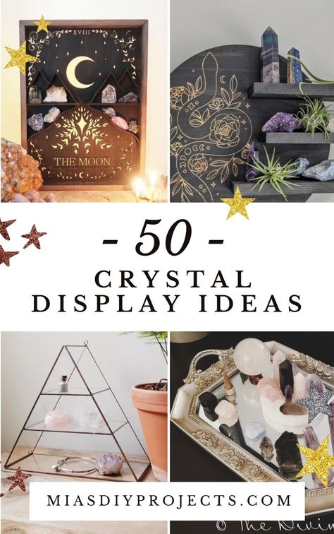 Diy Crystal Display Shelf, Crystals Office Decor, Crystal Stones Decor, Crystals Decor Ideas, Rock And Crystal Display, Decorate With Crystals And Stones, Crystal Display Bookcase, Organize Crystal Collection, Crystal Altar Setup