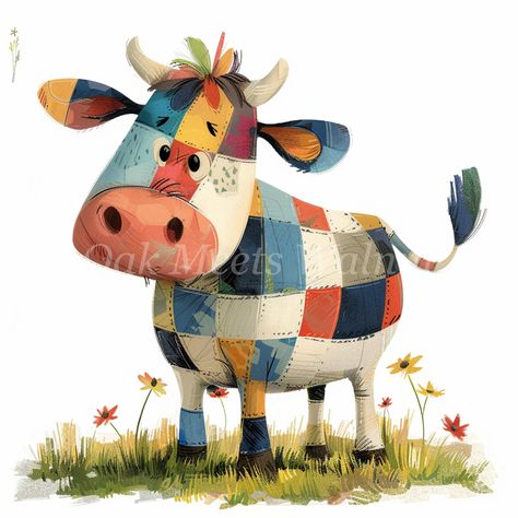 Patchwork Cow, Cow Illustration, Scrapbook Images, Cow Clipart, Cartoon Cow, Craft Card, Colored Background, Simple Illustration, Ink Ideas