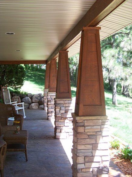 Stained wood paneled tapered atop a stone pedistal Stone Front Porch Ideas, Stone Front Porch, Craftsman Columns, Front Porch Stone, Front Porch Remodel, Porch Pillars, Craftsman Porch, Front Porch Columns, Porch Remodel