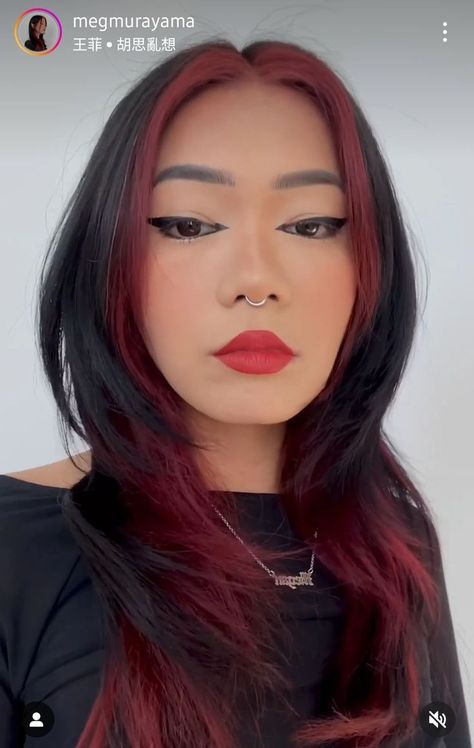 Dark Red Halo Hair, Black Underneath Hair, Red Hair Underneath, Burgundy Streaks, Halo Hair Color, Red Halo Hair, Halo Hair Colors, Black And Red Hair, Under Hair Color