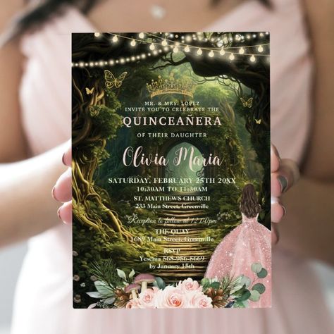 Enchanted Forest Blush Floral Quinceañera Sweet 16 Invitation - tap, personalize, buy right now! #Invitation #quincea&241;era #mis #quince #15 #invitation, Green Dress Princess, Enchanted Forest Quinceanera, Forest Emerald Green, Forest Invitation, Butterfly Invitations, Dress Quinceanera, Emerald Green Dress, 16th Birthday Invitations, Sage Green Dress