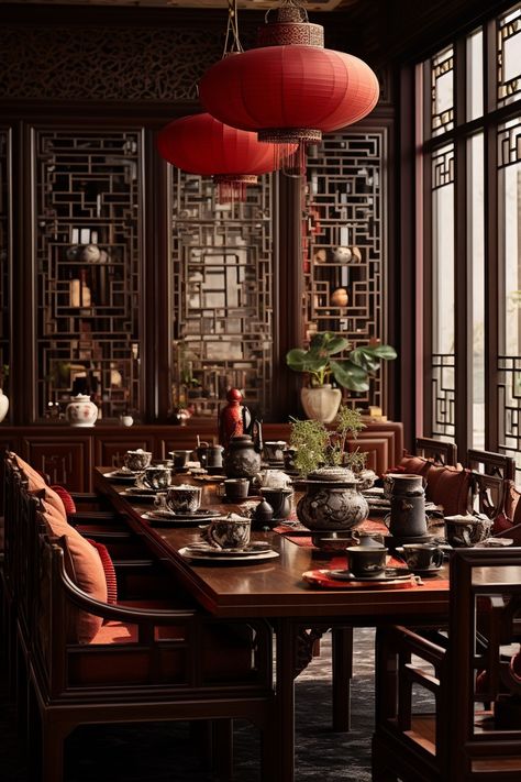 Dining Room Decor | Dinning Room Design Chinese House Interior, Traditional Chinese Interior, Barbie Hotel, Chinese Dining Room, Traditional House Interior, Asian Dining Room, Chinese Mansion, Chinese Tea Room, Tea Room Design