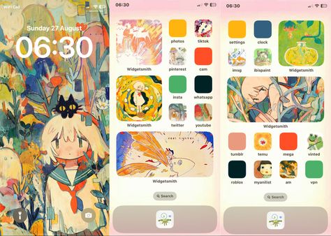 anime, art Colorful Home Screen Layout, Phone Theme Ideas Colorful, Phone Design Ideas Home Screen, Artsy Homescreen, Maximalist Phone Layout, Classical Art Homescreen Layout, Ponyo Iphone Layout, Ios 16 Homescreen, Homescreen Theme