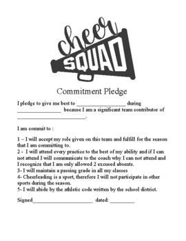 Each student that makes your cheer squad should know that they are making a commitment. Before the season starts or right after tryouts have them sign this commitment pledge. ... Cheer Team Contract, Cheer Coach Must Haves, Cheer Tryout Score Sheet, Cheer Drills, Uca Cheer Camp, Cheer Formations, Cheer Swag, Peewee Cheer, Cheer Fundraiser