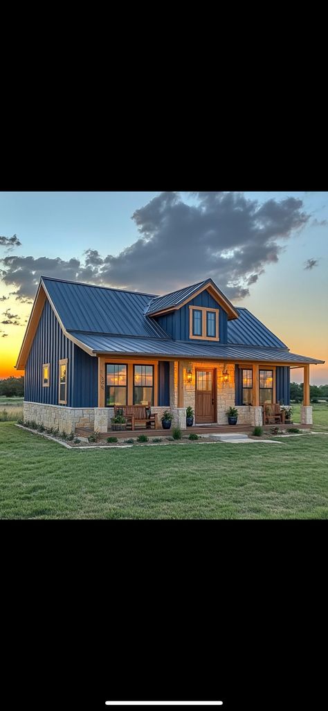 Dark Blue Barndominium, Blue Barndominium Exterior, Blue Barndominium, Barndo House, Metal Siding, Pole Barn Homes, Pole Barn, Barndominium, Barn House