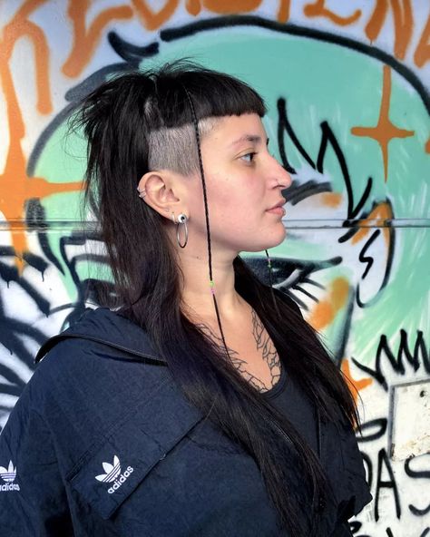 90s Rave Hairstyles, Undercut Dreadlocks Women, Hairline Tattoo For Women, Eco Punk Fashion, Mohawk With Bangs, Undercut Mullet Women, Medium Style Hair, Skullet Hair, Women Mohawk