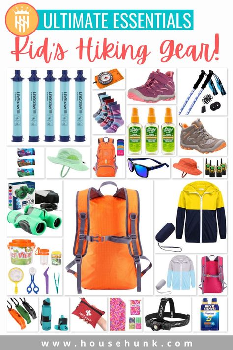 Ready to check out hiking essentials for kids, without getting the wrong gear? This article explains the best kids hiking gear and what to pack for hiking, which is perfect for an active family lifestyle. Tap to read more from House Hunk + Fatherhood At Its Finest Hiking Essentials For Kids, Kids Hiking Gear, What To Pack For Hiking, Hiking First Aid Kit, Kids Camping Gear, Camping Things, Hiking Supplies, Backpacking Essentials, Kids Hiking