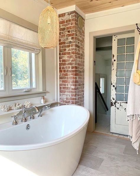 Farmhouse Style Window Treatments, Farmhouse Bathtub Decor, Exposed Chimney, Cottage Bath, Rustic Farmhouse Bathroom, Brick Chimney, Bathtub Decor, Bathroom Farmhouse Style, White Doors