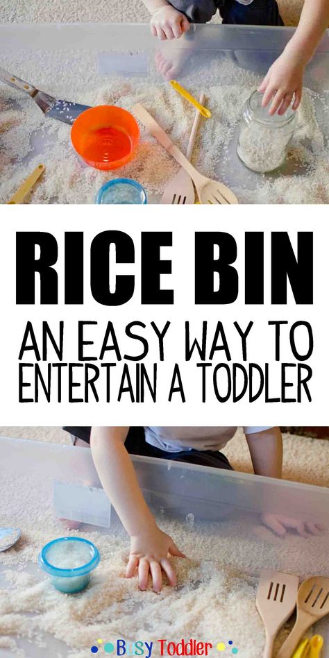 RICE BIN: An easy way to entertain a toddler Play Activity, Toddler Snacks, Games For Toddlers, Toddler Play, Busy Toddler, Toddler Fun, Toddler Life, Toddler Learning, Sensory Activities