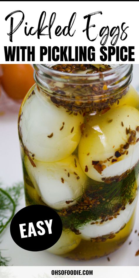 Text reads pickled eggs with pickling spice Pickled Eggs With Pickling Spice, Pickled Eggs With Apple Cider Vinegar, How To Make Pickling Spice, Refrigerator Pickled Eggs, Simple Pickled Eggs, Homemade Pickled Eggs, Diy Pickled Eggs, Pickles Eggs Recipe, Pickled Eggs Canning Recipe