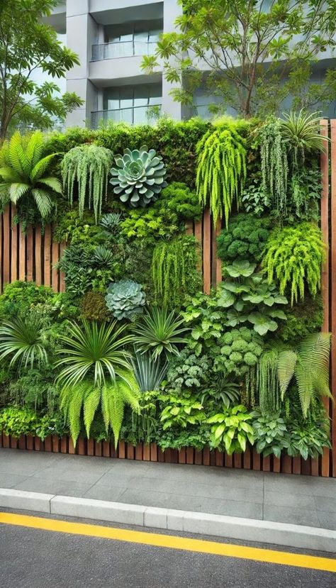 15 Chic Contemporary Fence Ideas to Elevate Your Home’s Curb Appeal 20 Vertical Garden Wall Fence, Plant Walls Outdoors, Plants Next To Fence, Plants On Wall Outdoor, Plant Wall Outdoor, Flower Wall Garden, Living Walls Outdoor, Outdoor Wall Decor Ideas, Contemporary Fence