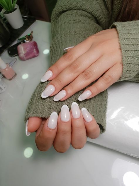 Marshmallow French on an acrylic nails Marshmallow White French Nails, Milky White Nails With French Tip Almond, Cloudy French Nails, Marshmallow White Nails Acrylic, White French Manicure Almond Nails, Marshmallow French Tip Nails, Milky White Base French Tip Nails, White On White French Tip Nails Almond, Milky White French Tip Nails Acrylic