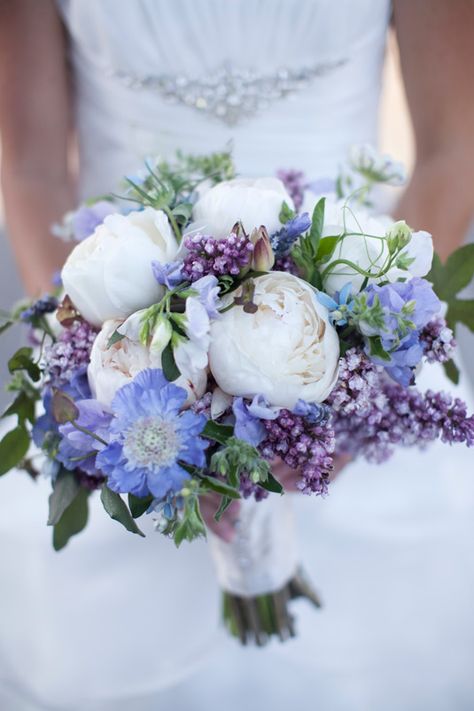 Wedding Bouquet of peonies, scabiosa, sweet peas and lilac  Salt Harbor Designs - home Purple Bouquets, Purple Bridal Bouquet, Purple Wedding Bouquets, Purple Wedding Theme, Blue Wedding Bouquet, Purple Bouquet, Lilac Wedding, Purple Wedding Flowers, Blue Wedding Flowers