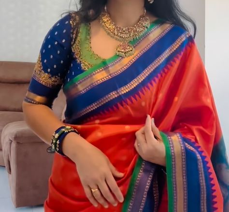 Vanitha Prasad Blouse, Pot Shape Blouse Designs, Temple Border Blouse Design, Blue Silk Blouse Designs, Simple Silk Saree Blouse Designs Latest, Contrast Blouses For Silk Sarees, Gadwal Saree Blouse Designs, Latest Pattern Blouse Designs, Plain Pattu Blouse Design Models