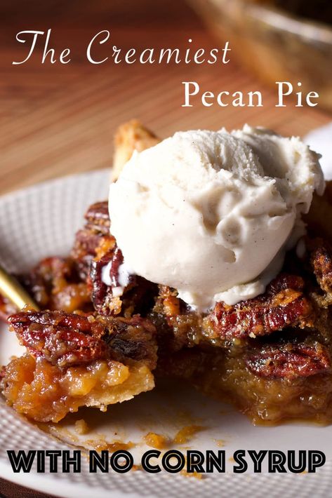 This Pecan Pie is rich and flavorful, with a deliciously smooth and creamy filling, plenty of toasted pecans, and no corn syrup. #pecanpie #nocornsyrup #easy #thanksgiving #pie #holiday | ofbatteranddough.com Creamy Pecan Pie Recipe, Pecan Pie Recipe No Corn Syrup, Pecan Pie Recipe Without Corn Syrup, Pecan Pie Without Corn Syrup, Pioneer Woman Pecan Pie, Maple Pecan Pie, Apple Pecan Pie, Homemade Pecan Pie, Southern Pecan Pie