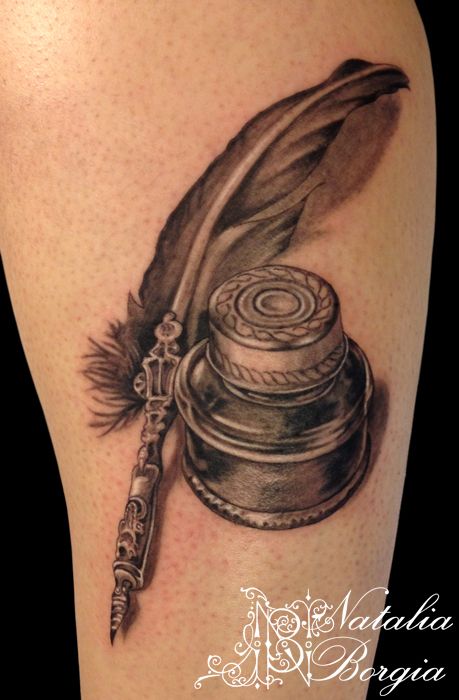 Quill and ink tattoo by nataliaborgia on DeviantArt Quill And Ink Tattoo, Quill Pen Tattoo, Feather Pen Tattoo, Tattoo Plume, Side Piece Tattoos, Writer Tattoo, Quill Tattoo, H Tattoo, Quill And Ink