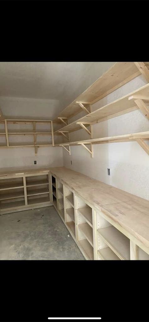 Garage Workshop Shelves, Garage Workshop Layout Storage Cabinets, Wood Shop Ideas Workshop, Plywood Garage Shelves, Workshop Shelving Ideas, Shed Workshop Layout, Narrow Workshop, Garage Woodshop Ideas, Workshop Shed Design