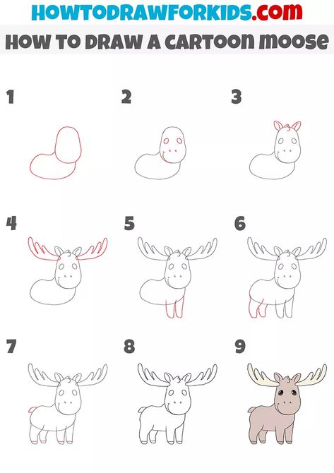 How to Draw a Cartoon Moose - Easy Drawing Tutorial For Kids How To Draw A Moose Step By Step, Moose Drawing Easy, Moose Drawing Simple, Cartoon Moose, How To Draw A Moose, Moose Doodle, Moose Drawing, Moose Cartoon, Reindeer Drawing