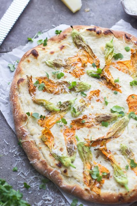 Zucchini Flower Pizza with Brown Butter Ricotta - Cooking for Keeps Flower Pizza, Ricotta Recipe, Veggie Pizza Recipe, Zucchini Flowers, Night Recipes, Zucchini Blossoms, Healthy Zucchini, Making Homemade Pizza, Veggie Pizza