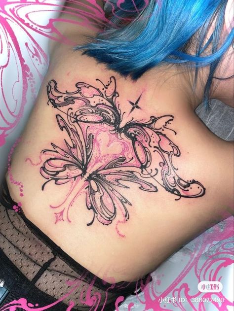 #bodyart #tattoo #art #tattoos #ink #inked #tattooartist #tattooed #tattooart #tattoolife #instatattoo #artist #piercing #inkedup #bodypaint #photooftheday #bodypainting #instagood #instaart #tattooing #tattooist #bodypiercing #body #tat #love #tatted #tatts #makeup #tats #photography Tatoos Black Woman Back, Women Goth Tattoos, Kawaii Back Tattoo, Cute Dark Tattoos, Kawaii Goth Tattoo, Punk Pink Aesthetic, Black And Pink Tattoo, Egirl Tattoos, Goth Back Tattoo