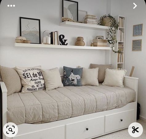 Box Room Guest Bedroom Ideas, Small Room Daybed, Box Guest Bedroom Ideas, Ikea Office And Guest Room, Ikea Spare Room, Spare Room With Office, Hemnes Guest Bedroom, Hemnes Daybed In Office, Full Size Daybed In Small Room Boho