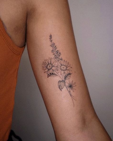 Flower Tattoos With Sunflowers, Tattoo Ideas Female Neck For Women, Sunflower And Cosmos Tattoo, Bouquet Of Sunflowers Tattoo, Mini Ankle Tattoos, Sunflower Minimalist Tattoo, Best Friend Flower Tattoos, Sunflower Ankle Tattoo, Fineline Sunflower Tattoo