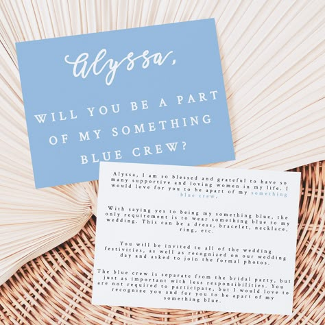 "ENJOY 60% OFF WHEN YOU ORDER 3 OR MORE ITEMS. Discount automatically applied at checkout. Are you looking for a unique and special way to include dear friends or family on your wedding day that are not part of your bridal party? Look no further than our something blue crew proposal card! This card features a simple minimalistic design, along with the words \"Will you be a part of my something blue crew?\" It is perfect for any wedding. Plus, it is an instant download so you can get it right awa Wedding Attendant Proposal, Something Blue Proposal Card, Something Blue Friends, Blue Crew Wedding Proposal, Asking Someone To Be Your Something Blue, Be My Something Blue Proposal, Something Blue Person, Something Blue Bridal Party, Will You Be My Something Blue