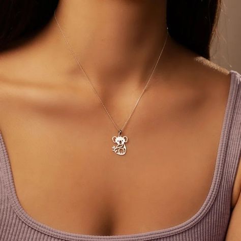 Sterling Silver Dainty Koala Necklace Pendant | Koala Charm | Summer Jewelry | Animal Jewelry | Diamond-Cut Chain #necklace #jewellery #handmade #earrings #fashion #gift Cubic Zirconia Flower Pendant Clavicle Necklace, Silver Flower-shaped Charm Necklace Gift For Her, Koala Earrings, Koala Necklace, Elephant Pendant Necklace, Jewellery Handmade, Jewelry Diamond, Summer Jewelry, Animal Jewelry