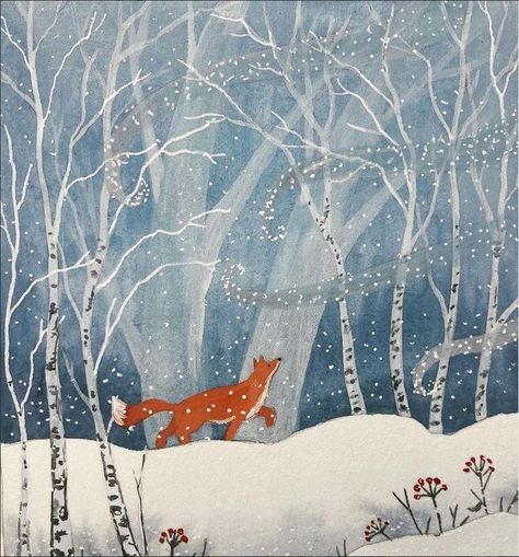 original watercolor illustration, cute fox in frosty snowy forest, painting, winter scenery Winter Mural, Frosty Illustration, Winter Watercolor Ideas, Snowy Scene, Snowy Paintings, Winter Art Aesthetic, Snowy Illustration, Snow Watercolor, Gouache Christmas Painting