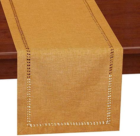 Grelucgo Handcrafted Solid Color Dining Table Runner, Dresser Scarf, Double-Hemstitched (Mustard Gold, 14 x 36) Color Dining Table, Two Tone Table, Dining Table Runner, Thanksgiving Table Runner, Dining Table Runners, Dresser Scarf, Light Gold Color, Changing Wall Color, Thanksgiving Table