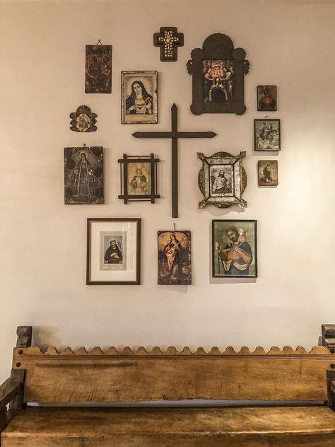 Spanish Catholic Aesthetic, Catholic Decor Home Ideas, Wall Of Crosses, Santa Fe Decor, Home Altar Catholic, Decorative Cross, Catholic Altar, Catholic Decor, Prayer Corner