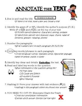 This sheet provides steps for annotation techniques to teach students how to properly annotate a text. Annotating helps them develop a deep understanding of a particular text. Annotating helps student to have a dynamic interation with the text, using both their hands and eyes. This multisensory experience makes a much stronger imput on your mind.  Graphics from Melonheadz. Annotating Anchor Chart Middle School, Annotate Nonfiction, Annotating System, Informational Text Anchor Chart, Annotating Text, Annotation Tips, Book Annotation Tips, Book Journal Ideas, Something New Everyday