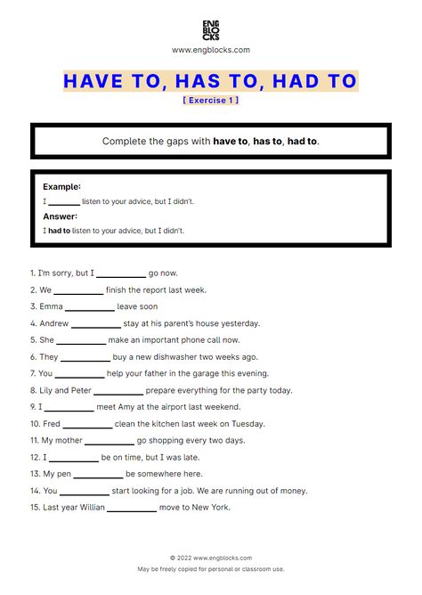 Have to, has to, had to - Exercise 1 - Worksheet | English Grammar Have Has Had, Have To Has To Worksheet, Have To Grammar, Had Worksheet, High School Quotes, English Grammar Exercises, English Language Test, 1 Worksheet, Grammar Exercises