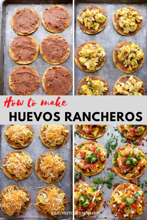 Huevos Rancheros Breakfast Tostadas is a great recipe for breakfast, lunch, or dinner. They're made with creamy refried beans, fluffy scrambled eggs with melted cheese, diced tomatoes, diced, onions, guacamole, sour cream, cilantro, and jalapeños. Huevos Rancheros Nachos, Breakfast With Refried Beans, Breakfast For Construction Workers, Breakfast Tostadas Recipes, Huevos Rancheros For A Crowd, Easy Vacation Dinner Ideas, Huevos Rancheros Easy, Blackstone Breakfast Ideas, Huevos Rancheros Breakfast